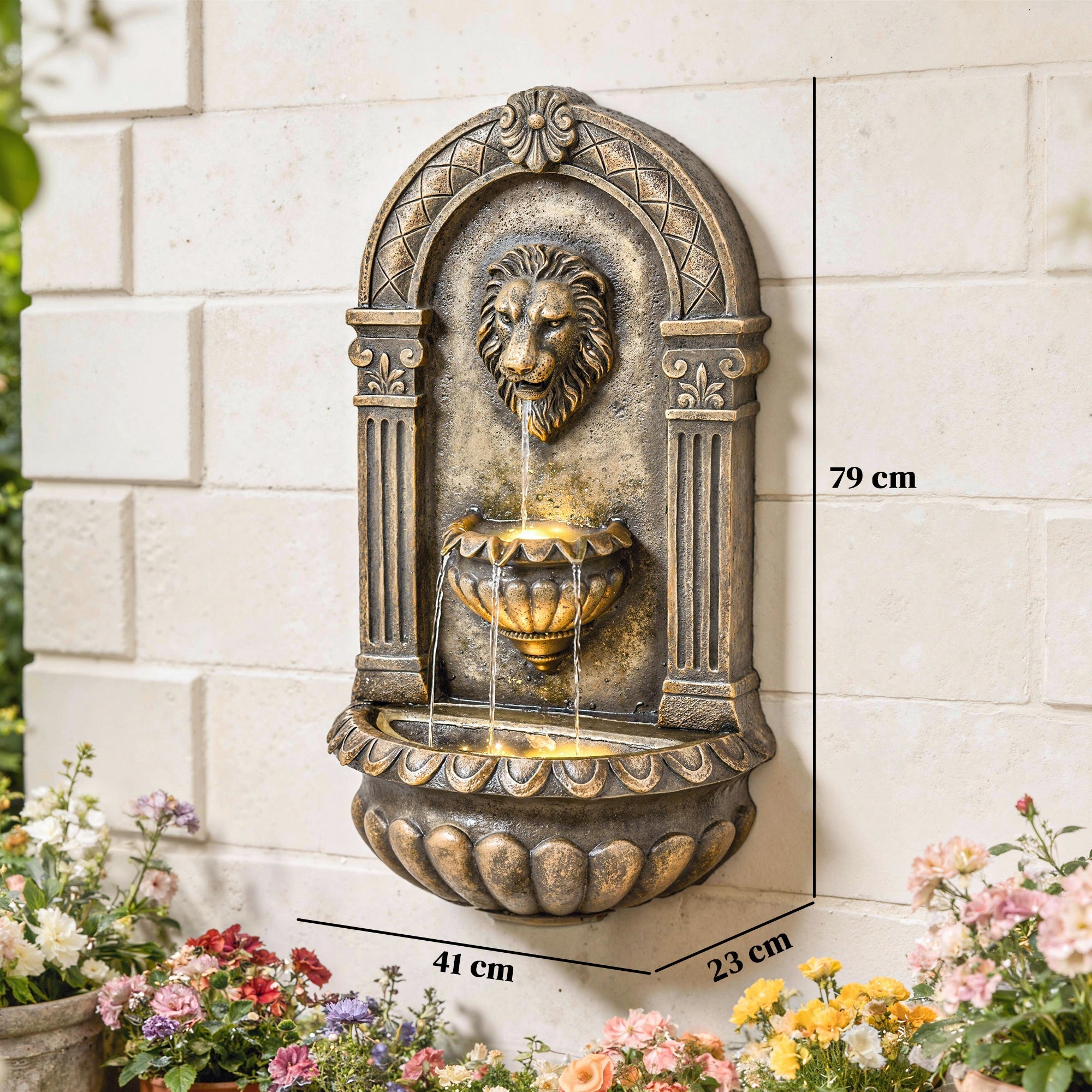 Outsunny Wall-Mounted Water Fountain, 3-Tier Cascading Waterfall with LED Lights and Adjustable Flow for Patio, Rustic Brown