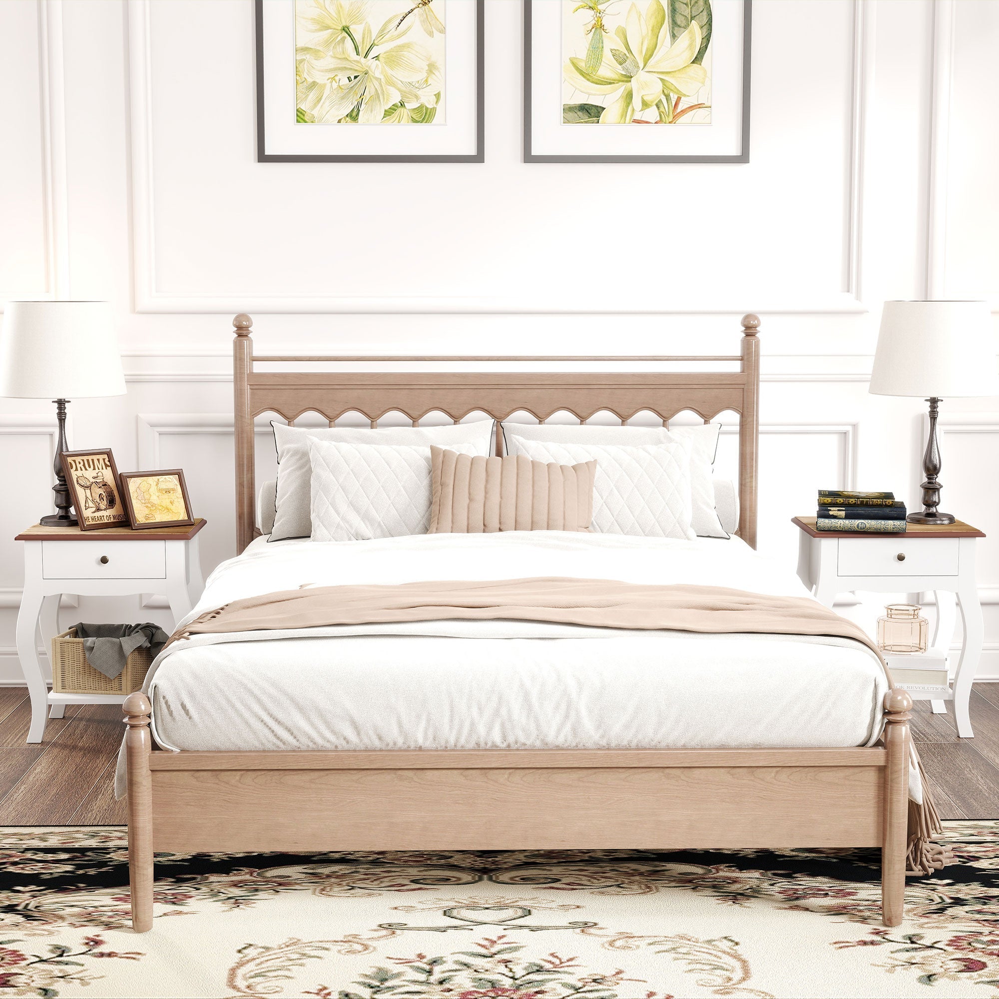 HOMCOM 2pcs Bedside Tables with Drawer, French Style Bedside Cabinets with Open Shelf for Bedroom, Living Room, White