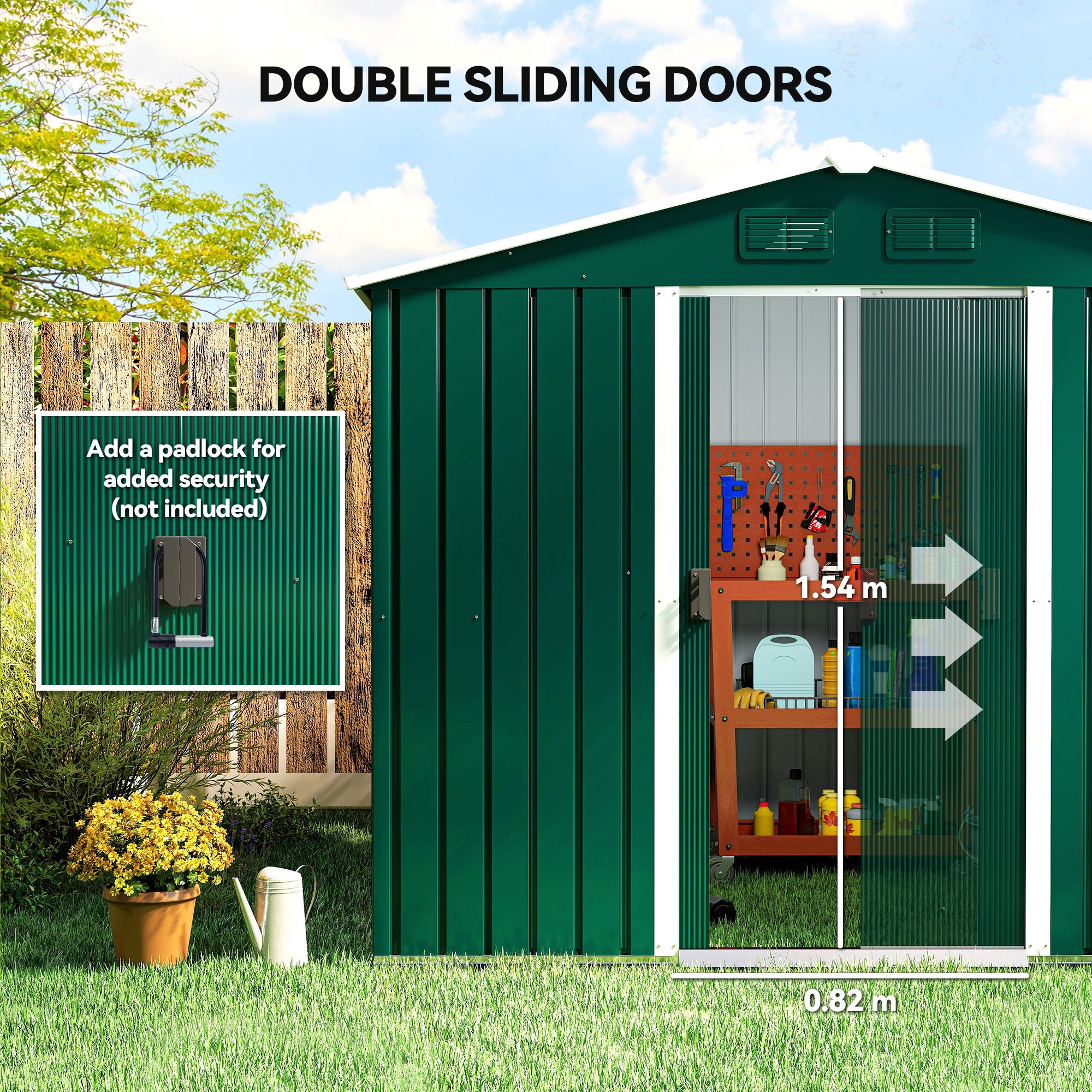 Outsunny 7.7 x 5.7ft Metal Garden Shed with Ventilation Slots and Sliding Doors, Galvanised Outdoor Tool Storage House, Green