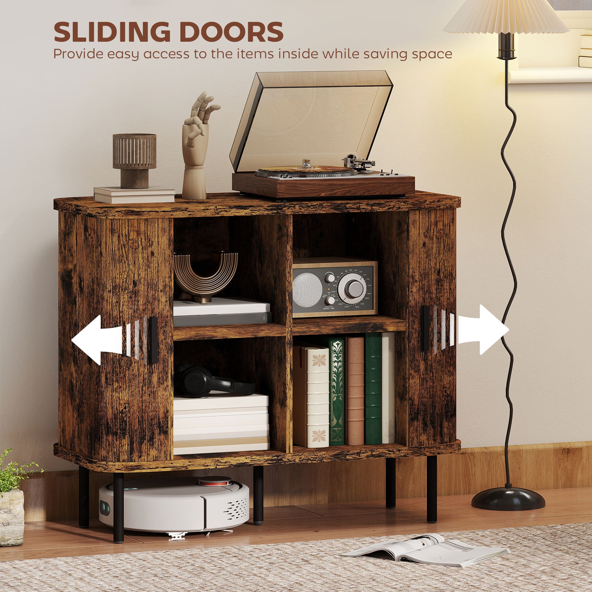 HOMCOM Mid-Century Modern Sideboard Storage Cabinet with Slatted Tambour Sliding Doors, Kitchen Cabinet with Steel Legs, Rustic Brown