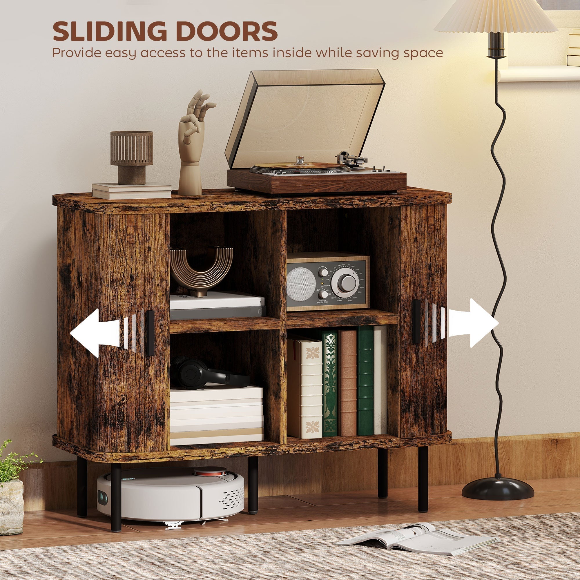 HOMCOM Mid-Century Modern Sideboard Storage Cabinet with Slatted Tambour Sliding Doors, Kitchen Cabinet with Steel Legs, Rustic Brown