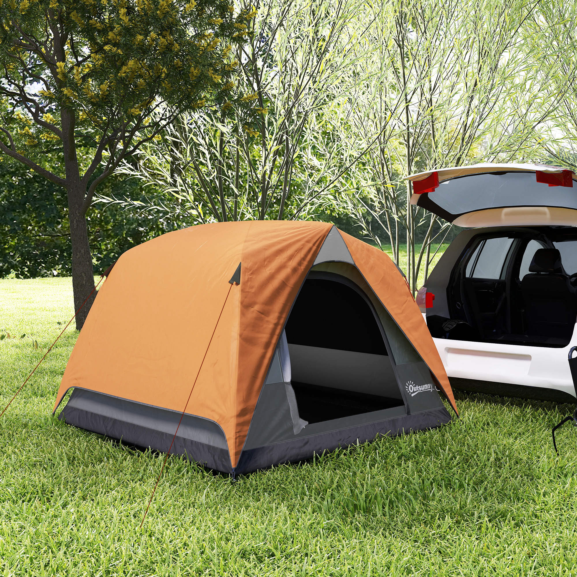 Outsunny 3-4 Person Camping Tent, Easy Set Up Waterproof Dome Tent with Sewn-in Groundsheet, Mesh Windows, Pocket and Hook for Camping, Hiking, Backpacking, Orange and Grey