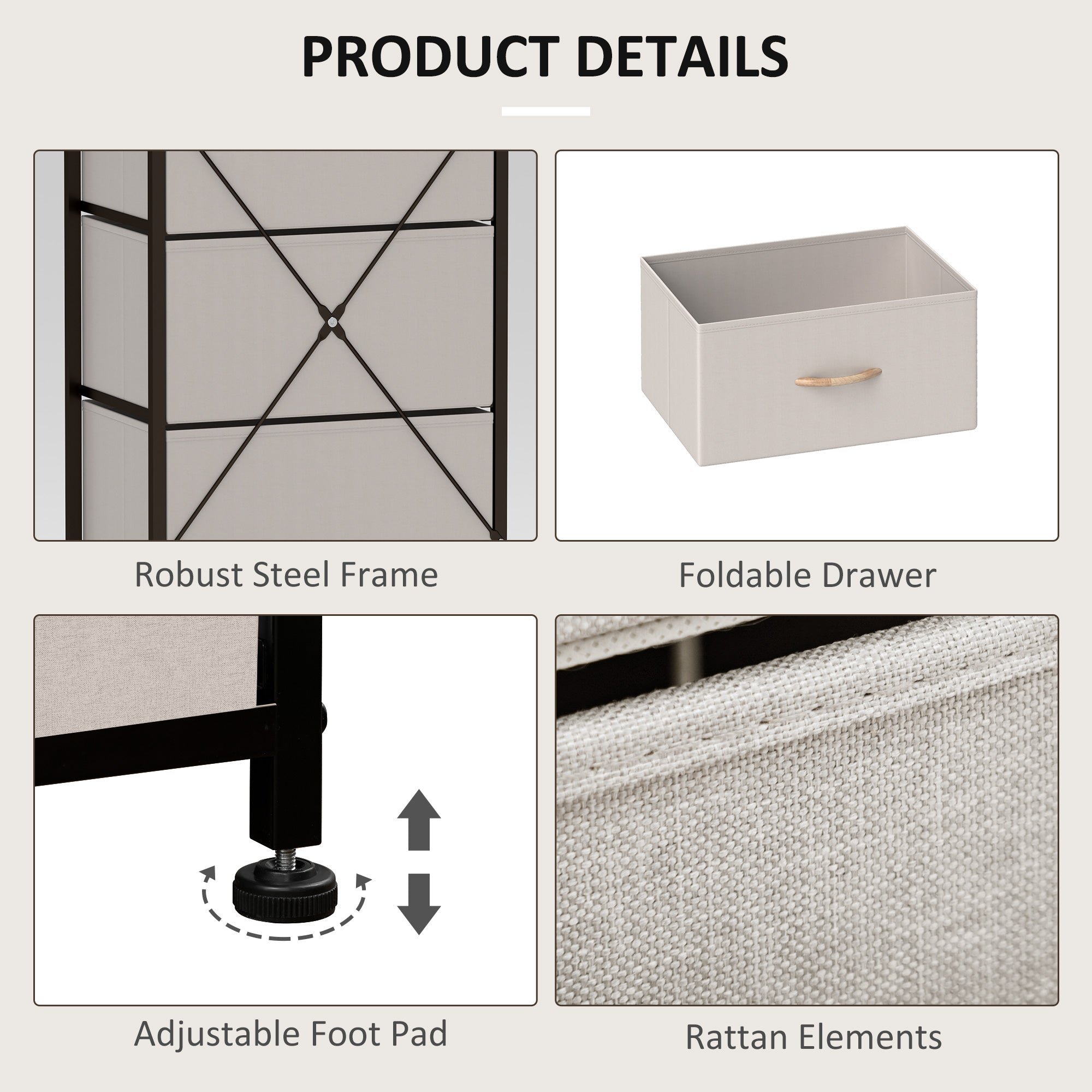 HOMCOM Fabric Chest of Drawers, Industrial Bedroom Dresser with 5 Fabric Drawers, Steel Frame and Wooden Top for Nursery, Living Room, Hallway, Cream White