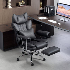 HOMCOM Leathaire Reclining Office Chair with Lumbar Support Pillow - Black