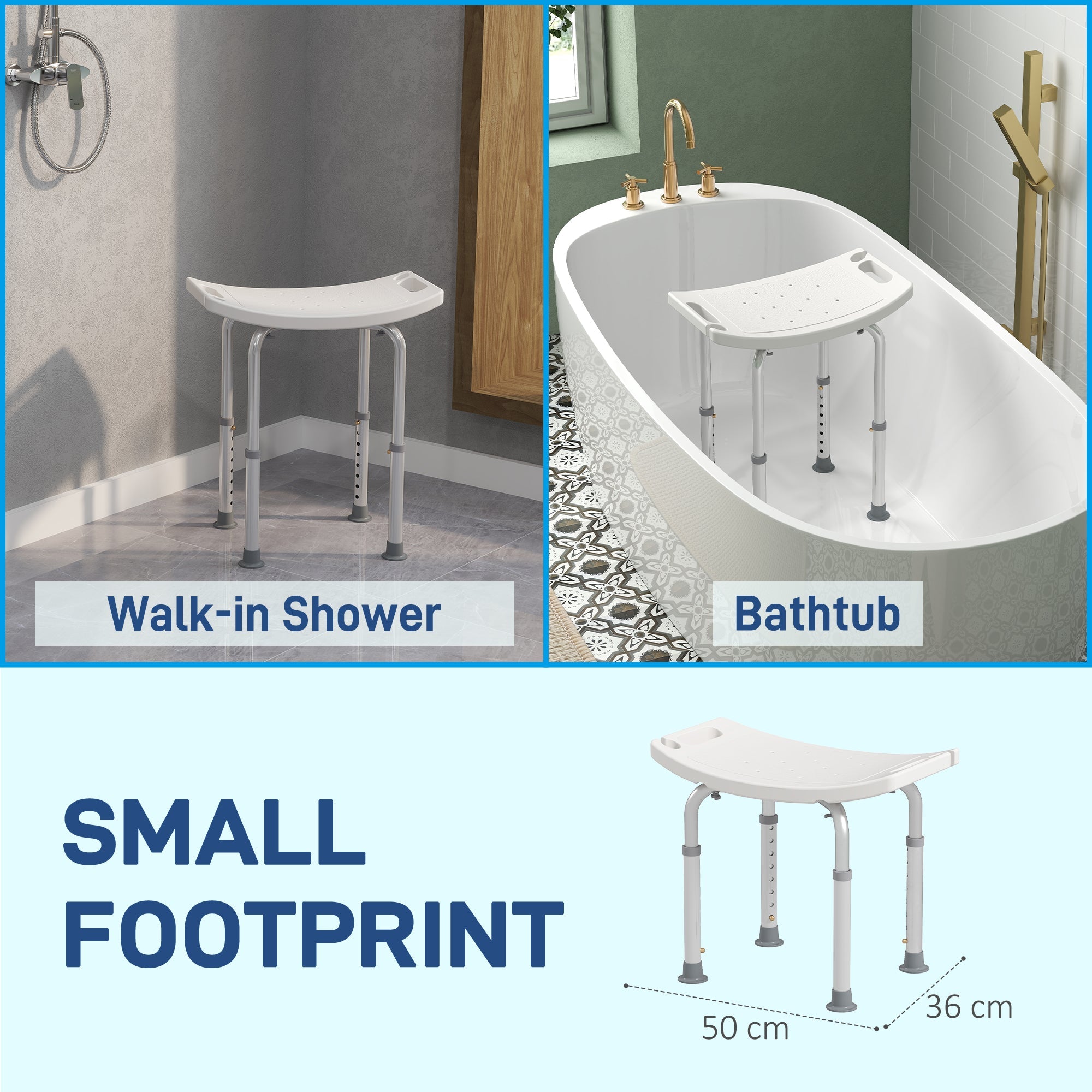 HOMCOM Height Adjustable Bath Stool, Aluminium Shower Stool with Non-Slip Pads for Elderly, Disabled, Seniors, Pregnant, White