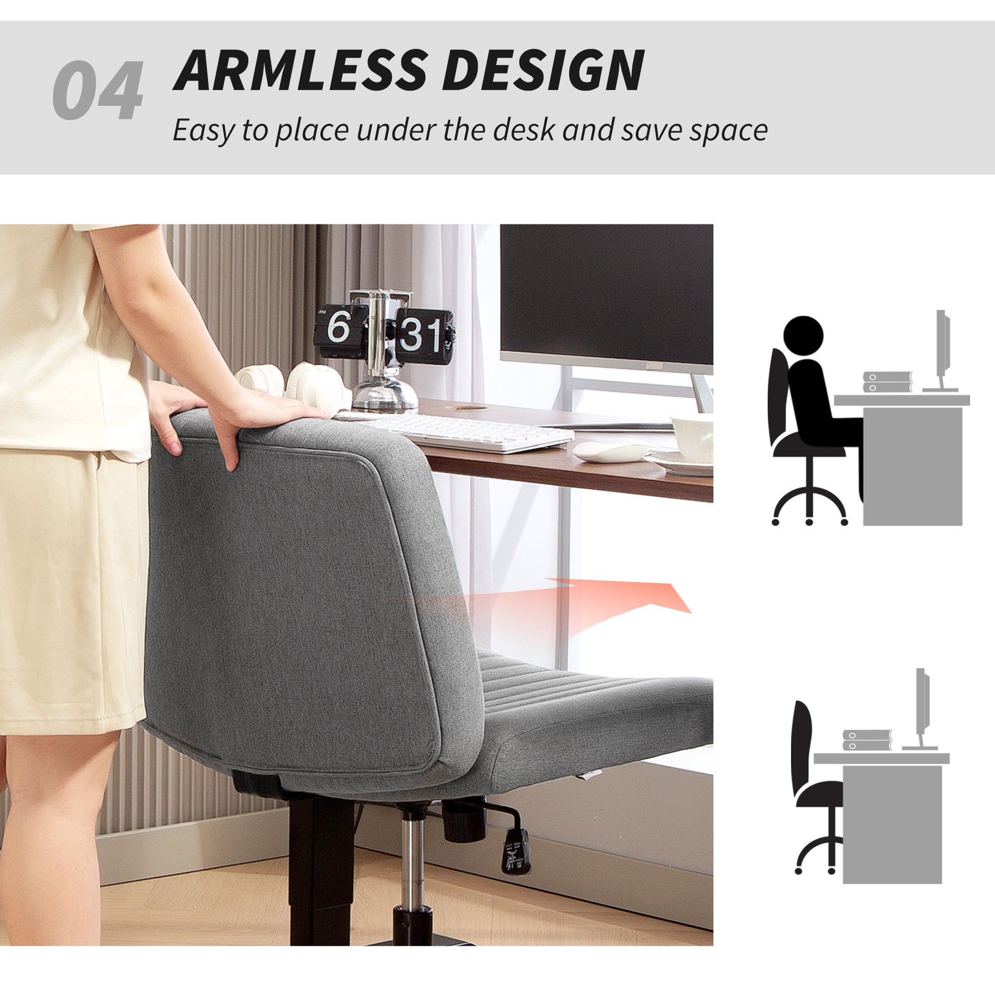 HOMCOM Armless Office Chair No Wheels, Linen Fabric Criss Cross Legged Desk Chair with Wide Seat, Thick Padding, Tilt Function, Height Adjustable Swivel Computer Seat for Home, Grey