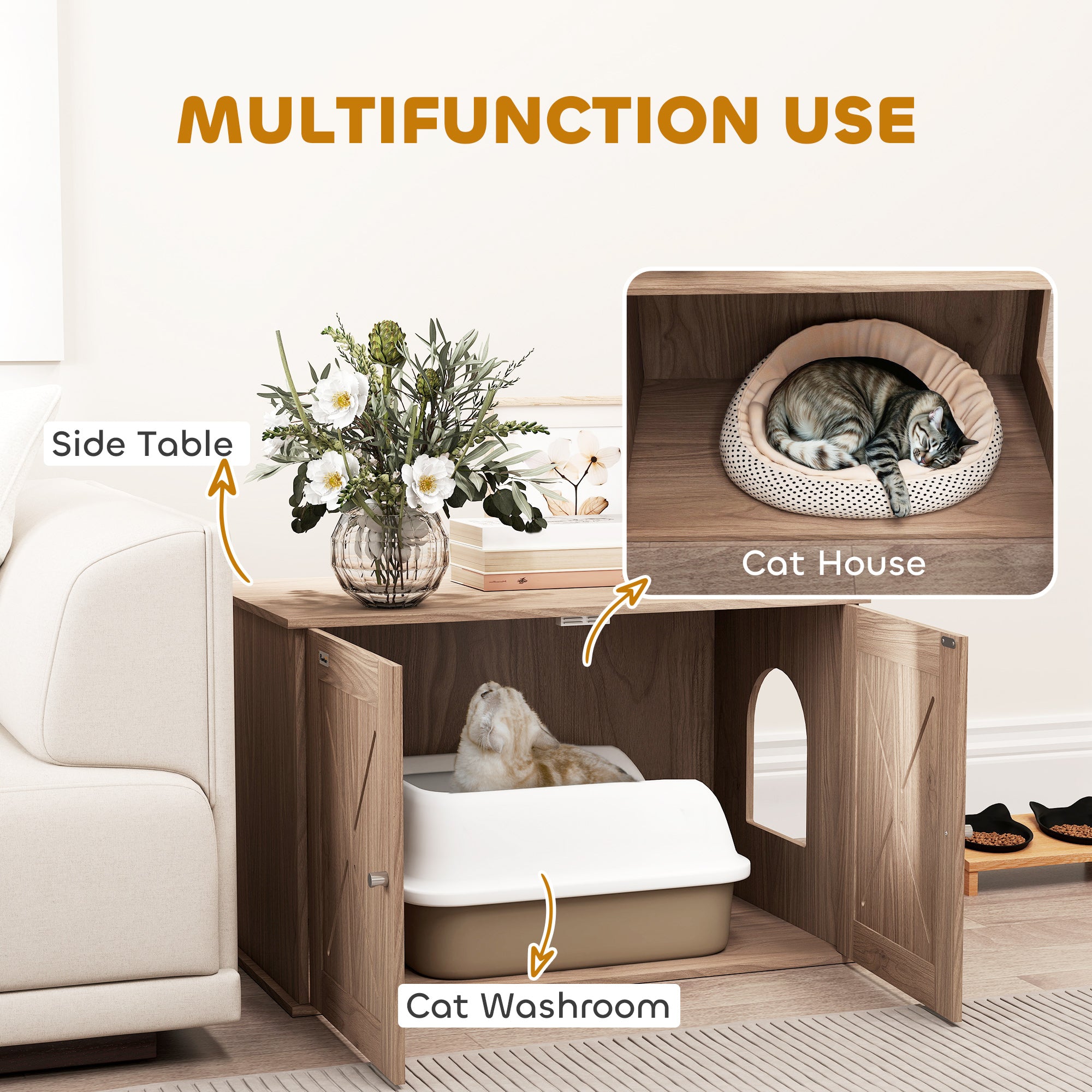 PawHut Cat Litter Box Enclosure with Double Doors and Side Entrance, Non-Slip Pads for Living Room, Walnut Brown