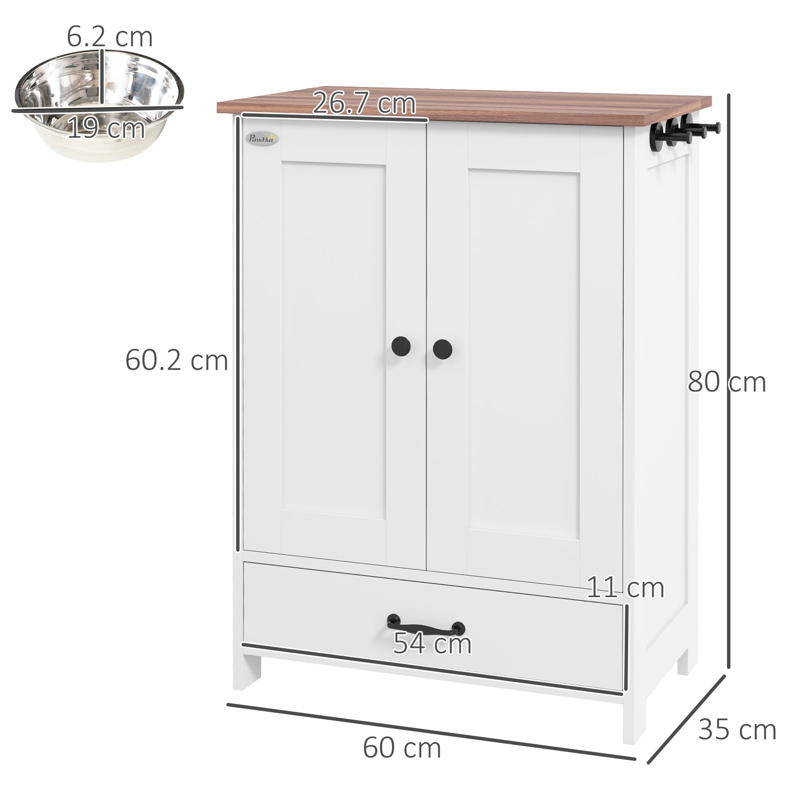 PawHut Pet Feeding Station with Raised Dog Bowls, Adjustable Panel, Hooks, White