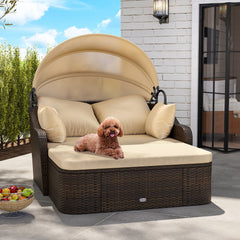 PE Rattan Daybed with Retractable Canopy and Soft Cushions for Backyard-Brown