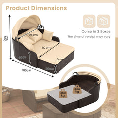 PE Rattan Daybed with Retractable Canopy and Soft Cushions for Backyard-Brown