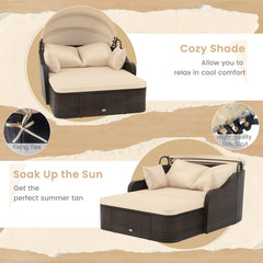 PE Rattan Daybed with Retractable Canopy and Soft Cushions for Backyard-Brown