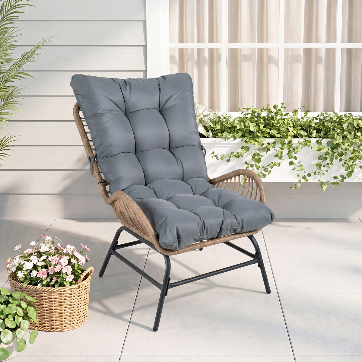 PE Rattan Leisure Chair with Cushion and Solid Metal Frame-Grey