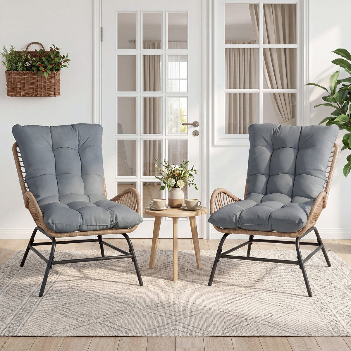 PE Rattan Leisure Chair with Cushion and Solid Metal Frame-Grey