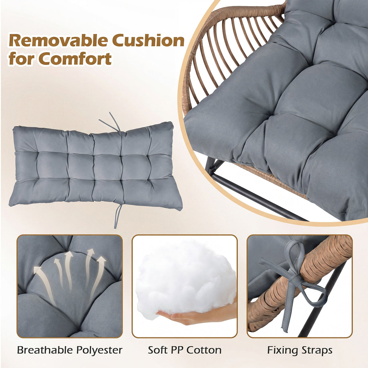 PE Rattan Leisure Chair with Cushion and Solid Metal Frame-Grey