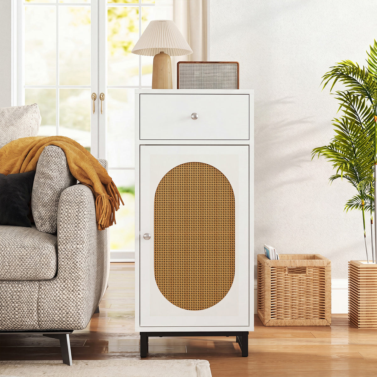 PE Rattan Storage Cabinet with Adjustable Foot Pads and Anti-toppling Kit-White