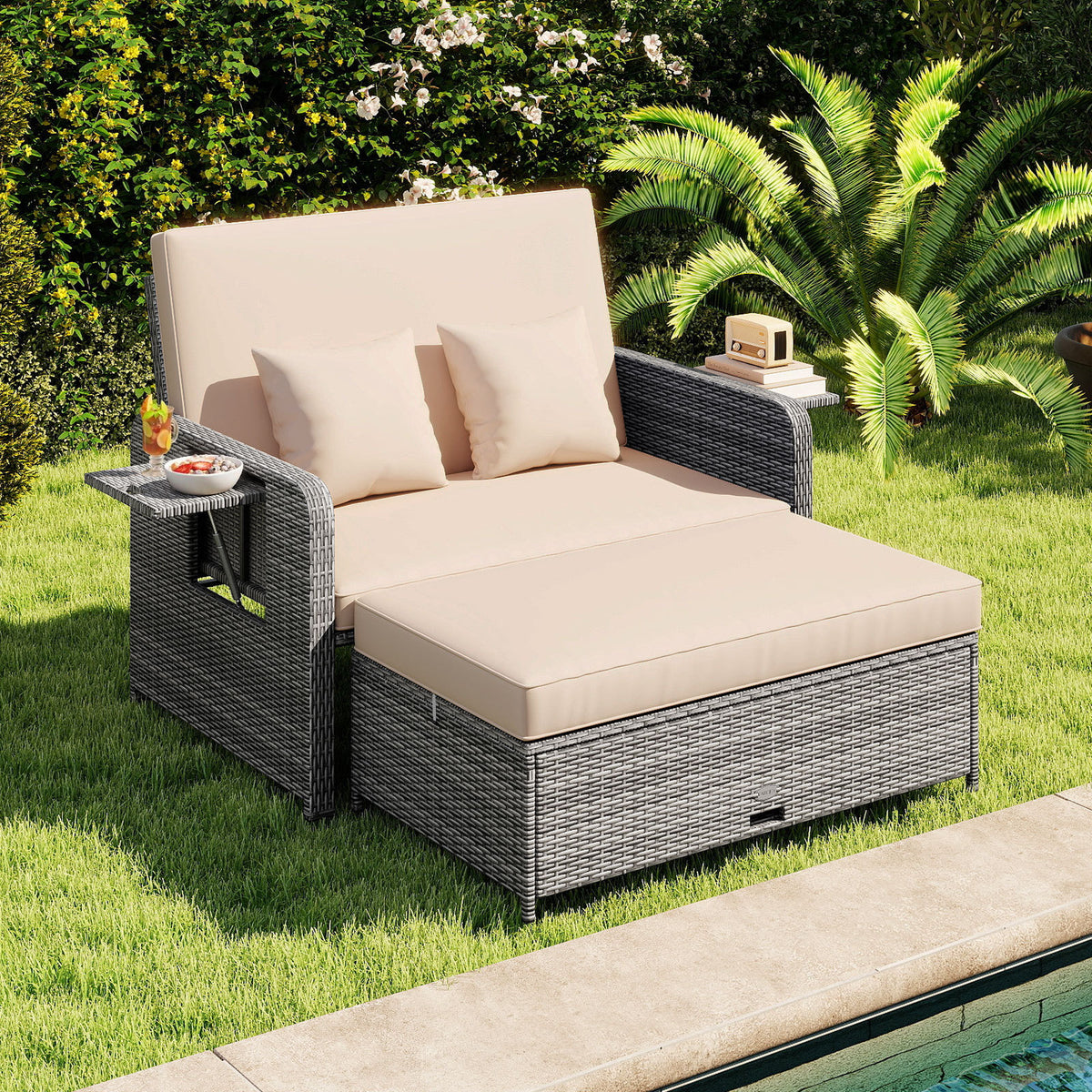 PE Wicker Outdoor Daybed with Loveseat and Ottoman for Poolside-Beige