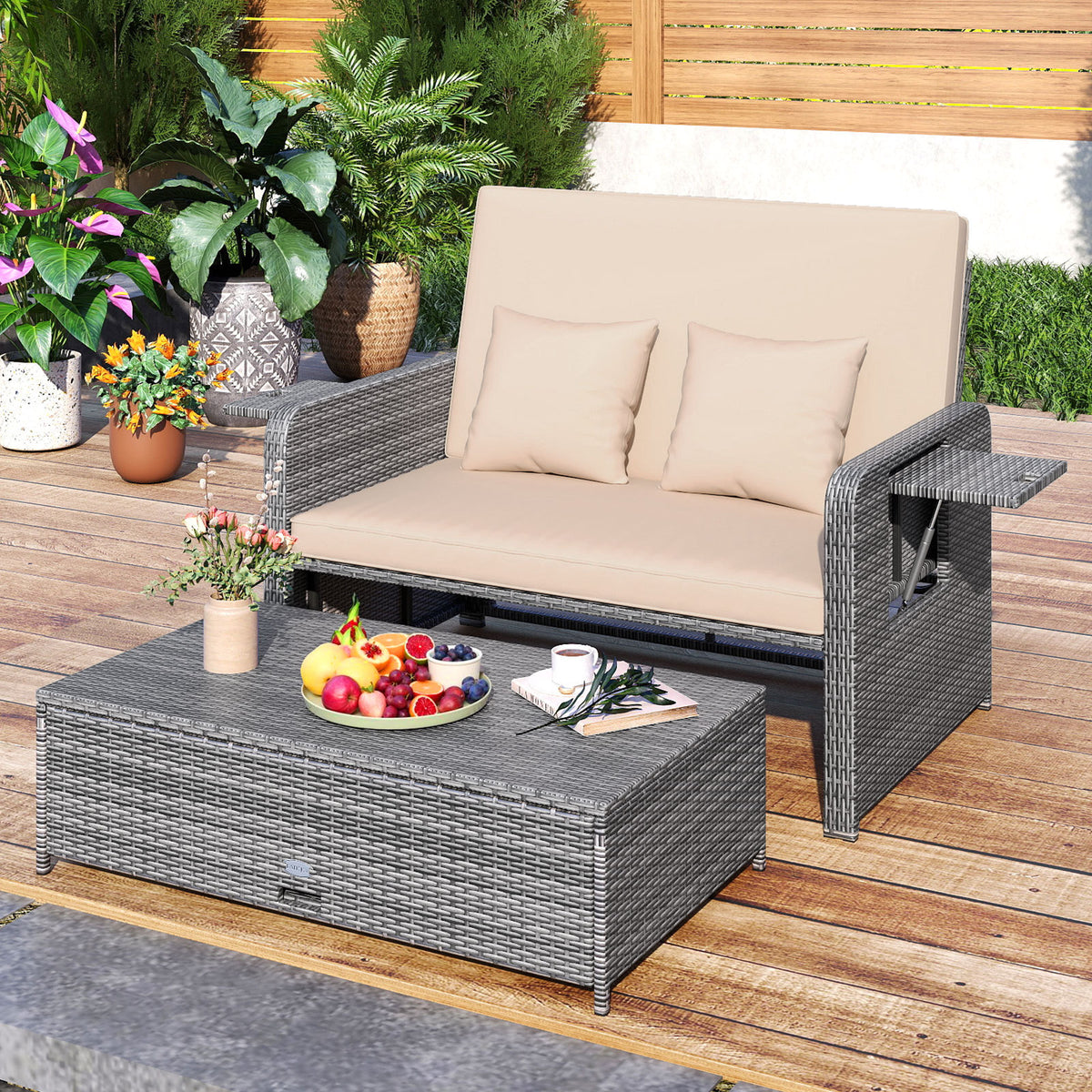 PE Wicker Outdoor Daybed with Loveseat and Ottoman for Poolside-Beige