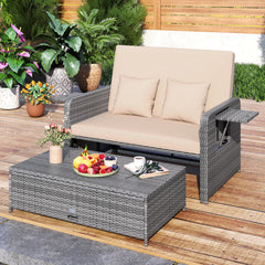 PE Wicker Outdoor Daybed with Loveseat and Ottoman for Poolside-Beige