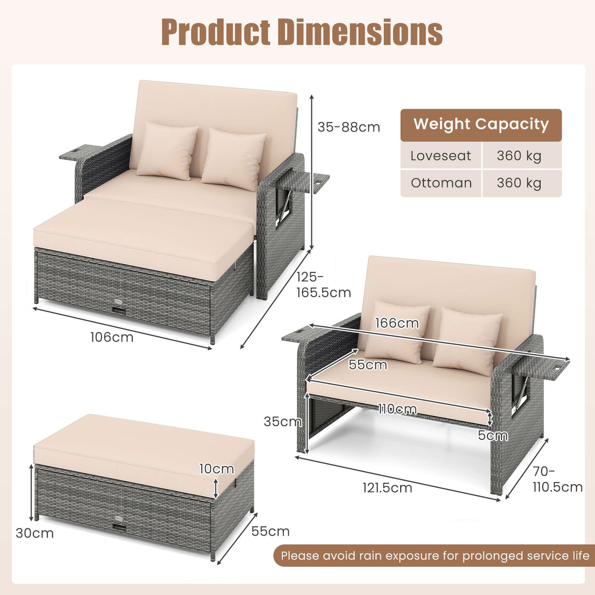 PE Wicker Outdoor Daybed with Loveseat and Ottoman for Poolside-Beige