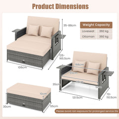 PE Wicker Outdoor Daybed with Loveseat and Ottoman for Poolside-Beige