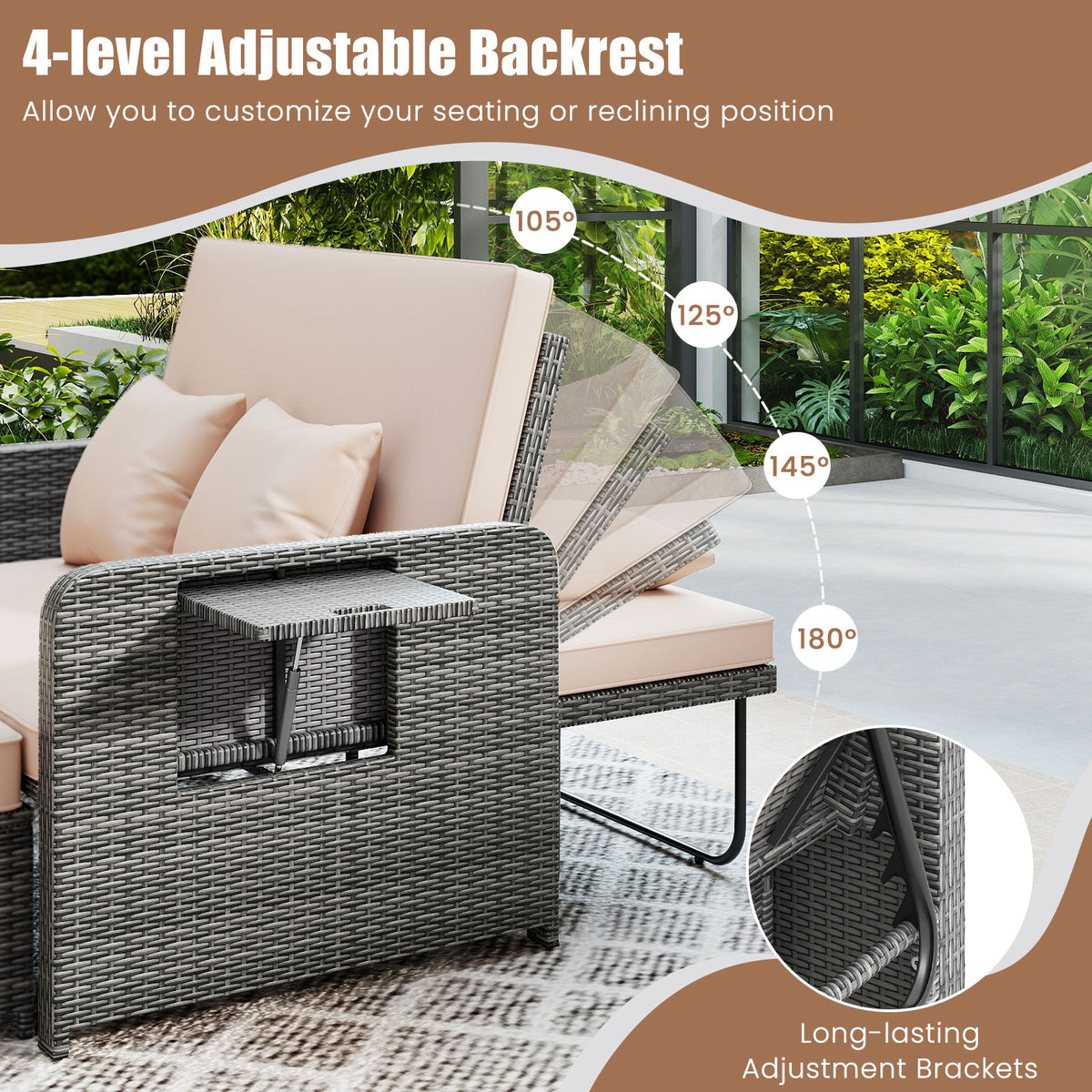 PE Wicker Outdoor Daybed with Loveseat and Ottoman for Poolside-Beige