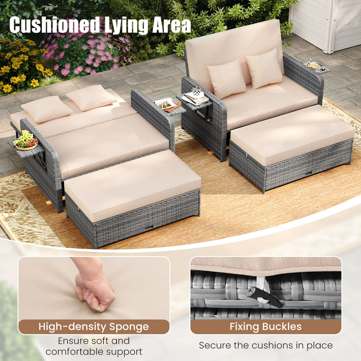 PE Wicker Outdoor Daybed with Loveseat and Ottoman for Poolside-Beige