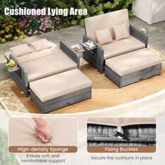 PE Wicker Outdoor Daybed with Loveseat and Ottoman for Poolside-Beige