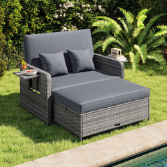 PE Wicker Outdoor Daybed with Loveseat and Ottoman for Poolside-Grey
