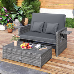 PE Wicker Outdoor Daybed with Loveseat and Ottoman for Poolside-Grey