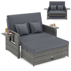 PE Wicker Outdoor Daybed with Loveseat and Ottoman for Poolside-Grey