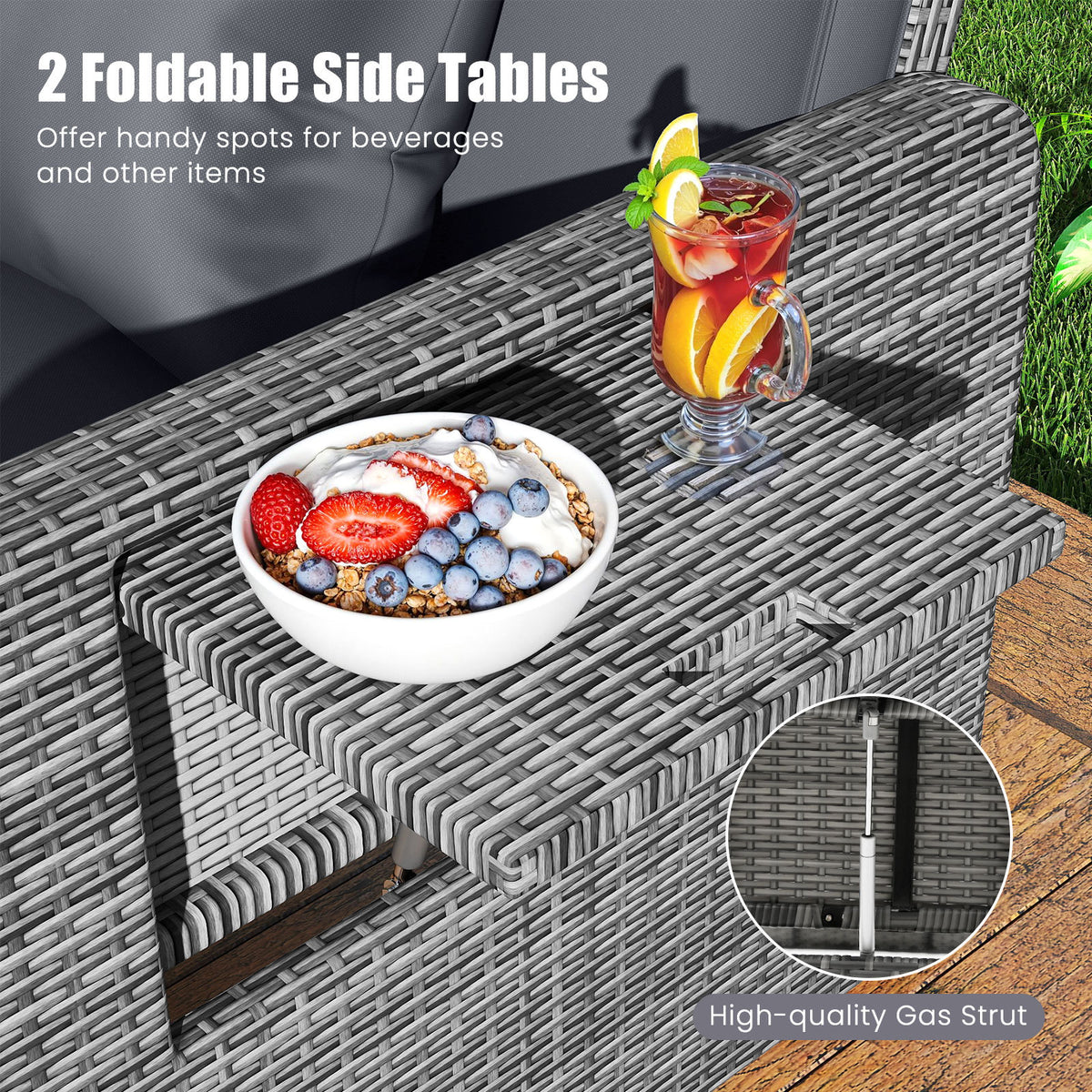 PE Wicker Outdoor Daybed with Loveseat and Ottoman for Poolside-Grey