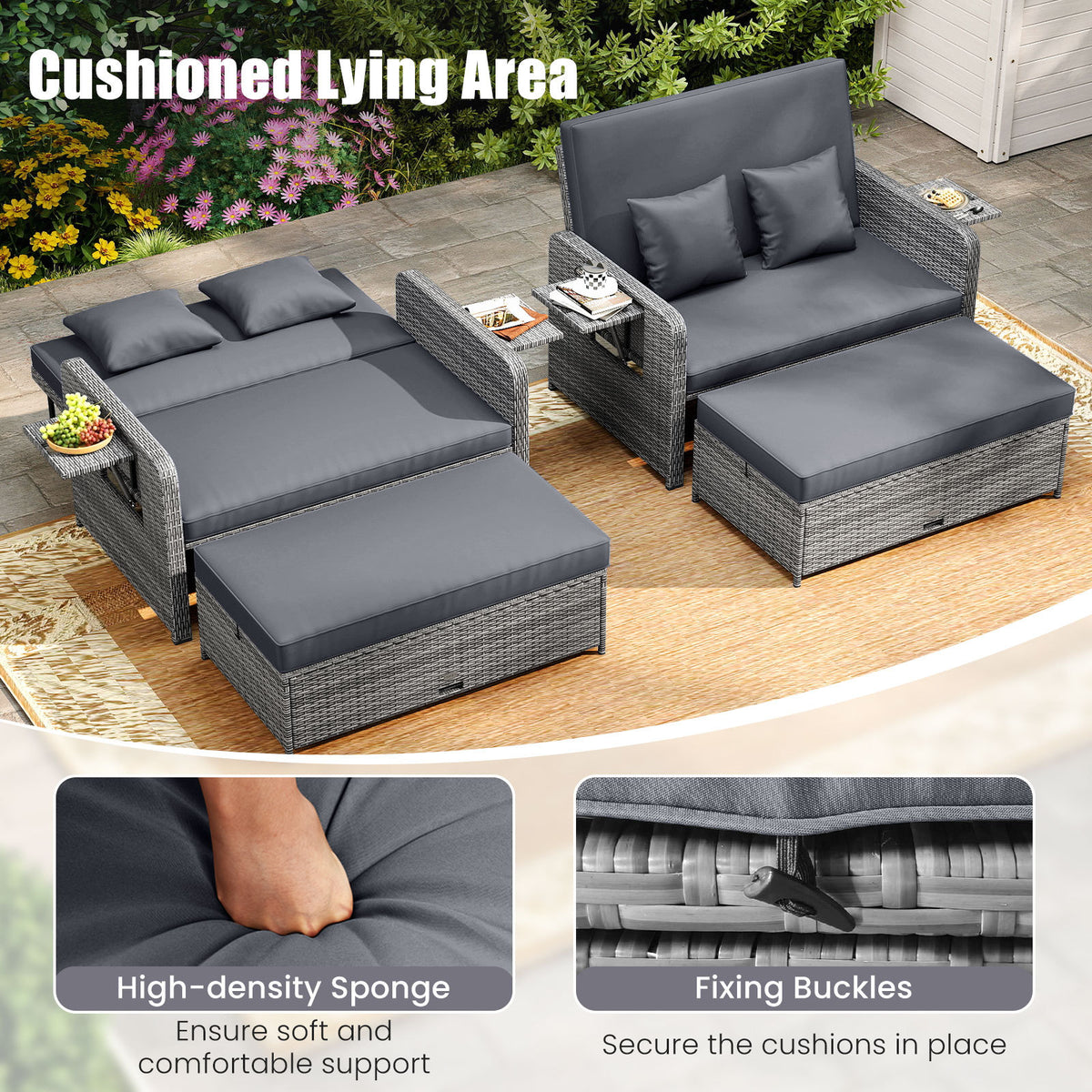 PE Wicker Outdoor Daybed with Loveseat and Ottoman for Poolside-Grey