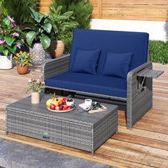PE Wicker Outdoor Daybed with Loveseat and Ottoman for Poolside-Navy