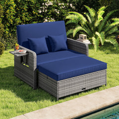 PE Wicker Outdoor Daybed with Loveseat and Ottoman for Poolside-Navy