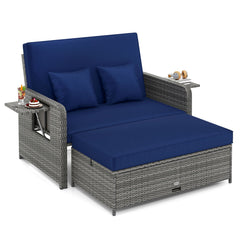 PE Wicker Outdoor Daybed with Loveseat and Ottoman for Poolside-Navy