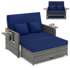 PE Wicker Outdoor Daybed with Loveseat and Ottoman for Poolside-Navy