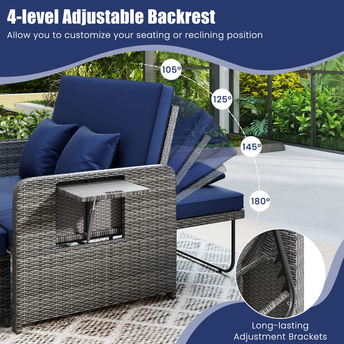 PE Wicker Outdoor Daybed with Loveseat and Ottoman for Poolside-Navy