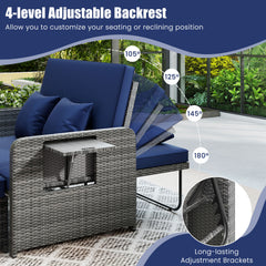 PE Wicker Outdoor Daybed with Loveseat and Ottoman for Poolside-Navy
