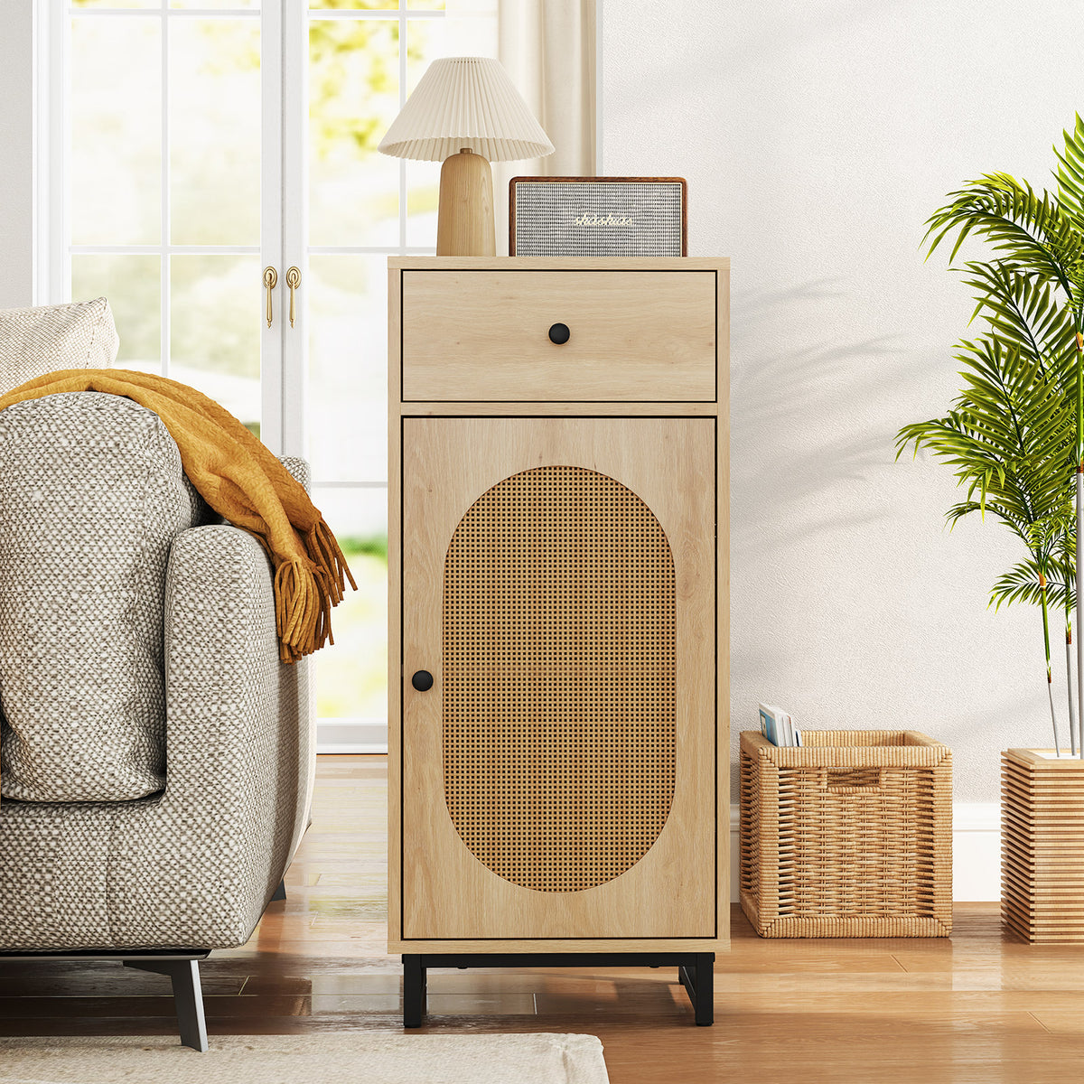 PE Rattan Storage Cabinet with Adjustable Foot Pads and Anti-toppling Kit-Natural