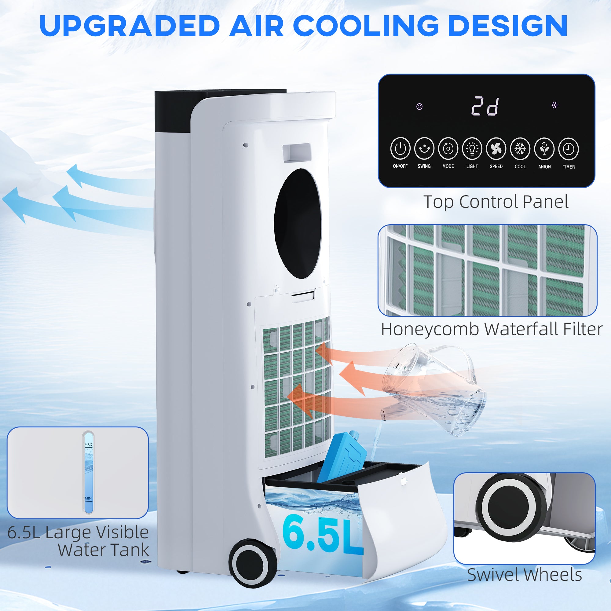HOMCOM Evaporative Air Cooler, 6.5L 4-in-1 Bladeless Portable Cooler, Fan, Humidifier, Air Clean Anion with Oscillation, 6 Speeds, 24H Timer, Sleep Mode, 2 Ice Packs, Wheels, Remote, for Home Office