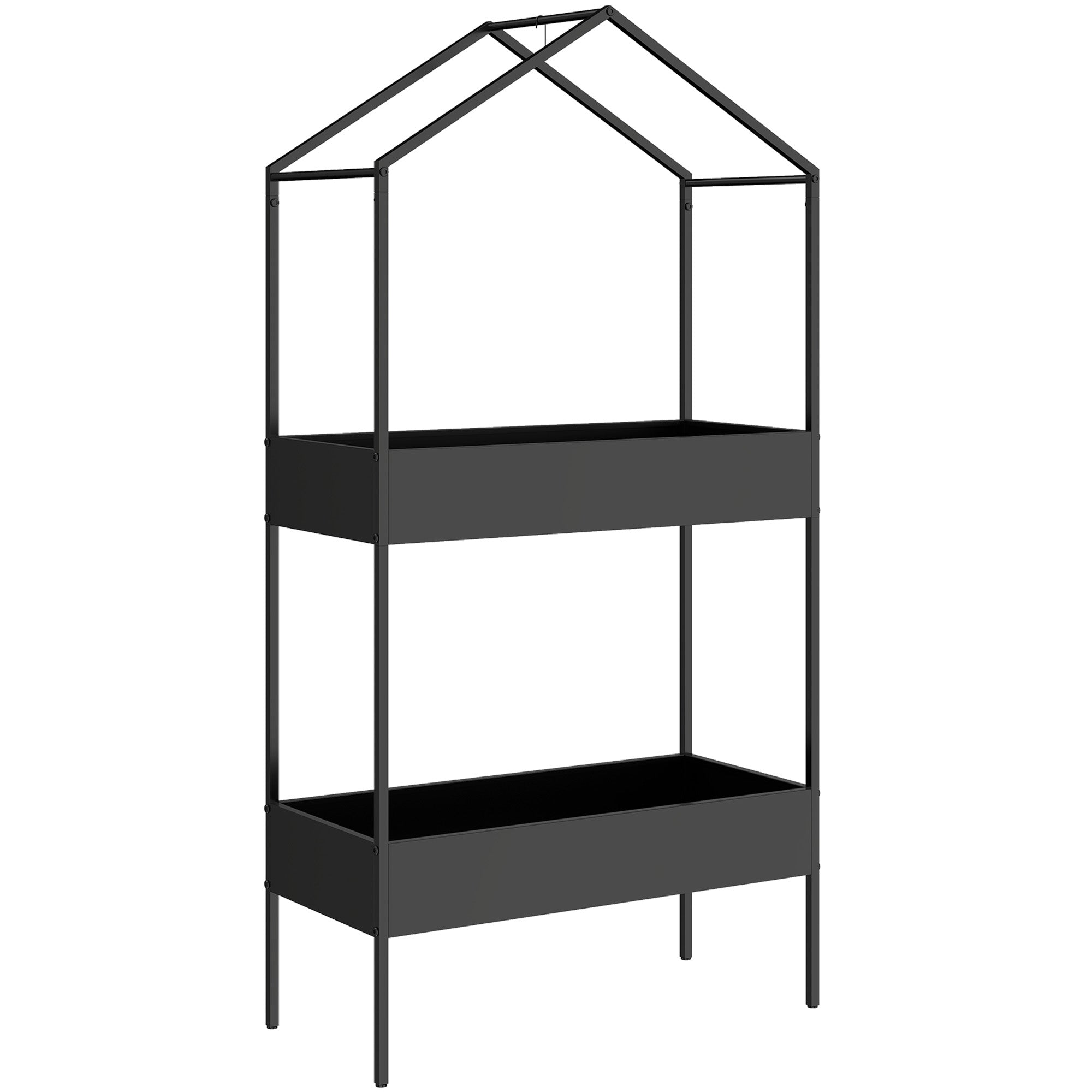 Outsunny 2 Tier Plant Stand, Outdoor Indoor Metal Plant Stand with Hook, House-Shaped Pots Holder Display Rack, Black