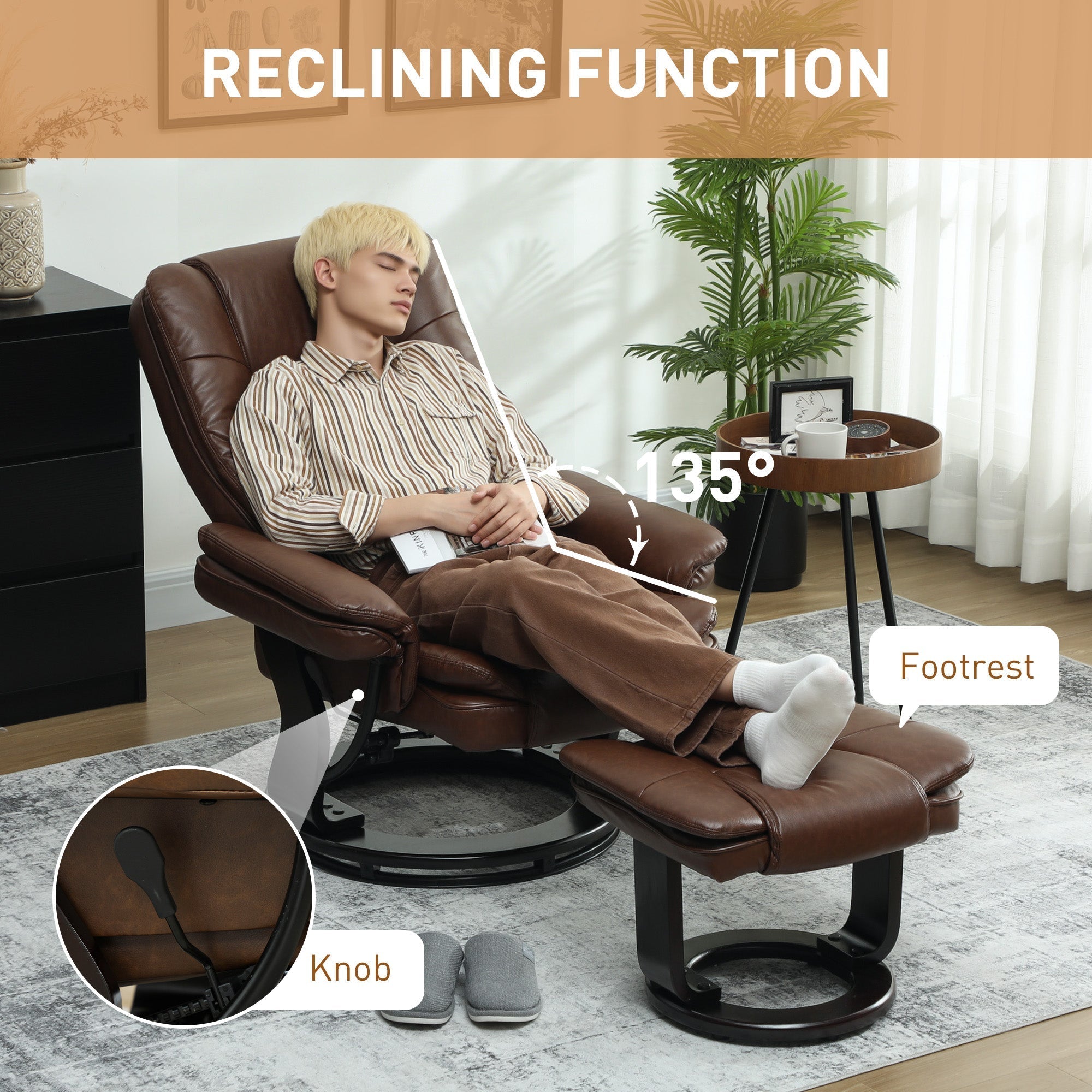 HOMCOM Faux Leather 135 Reclining Chair and Footstool - Brown