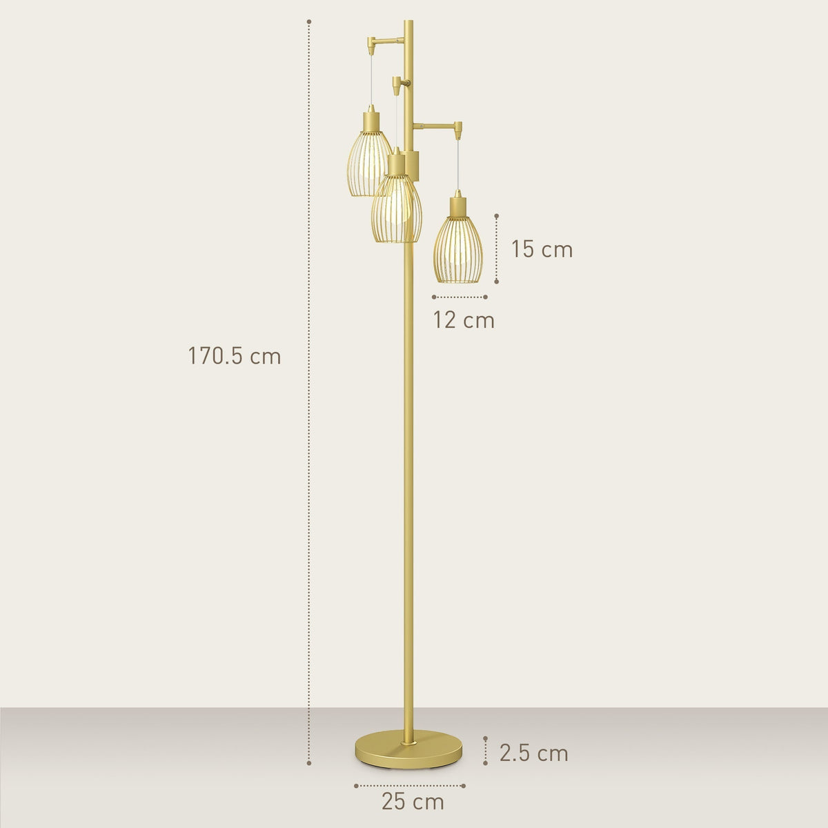 HOMCOM 3-Light Floor Lamp, 170cm Industrial Dimmable Standing Lamp with Steel Wire Cage Lampshades for Living Room, Bedroom, Dining Room, Study, Gold Tone