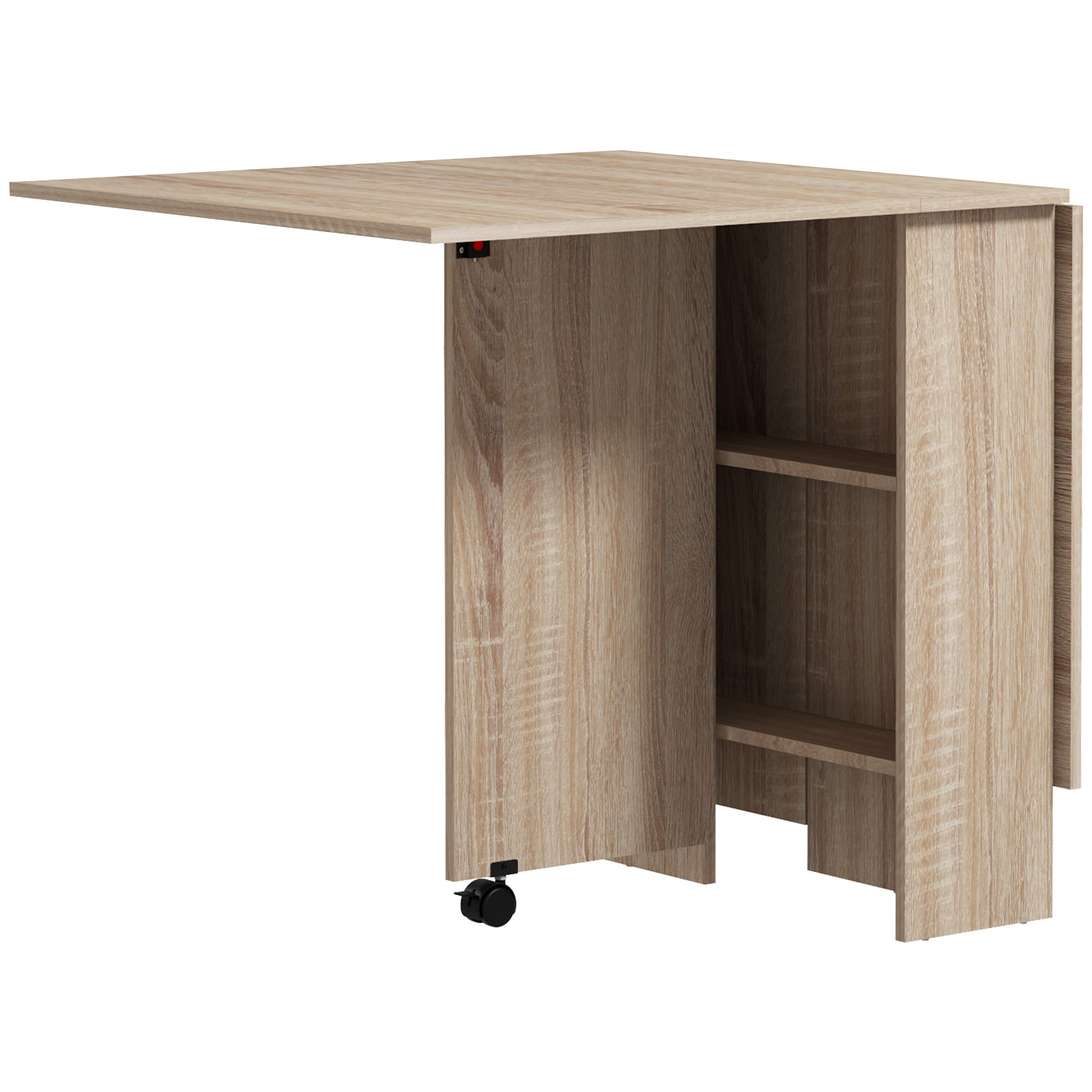 HOMCOM Folding Dining Table, Drop Leaf Table for Small Spaces with 2-tier Shelves, Small Kitchen Table with Rolling Casters, Natural