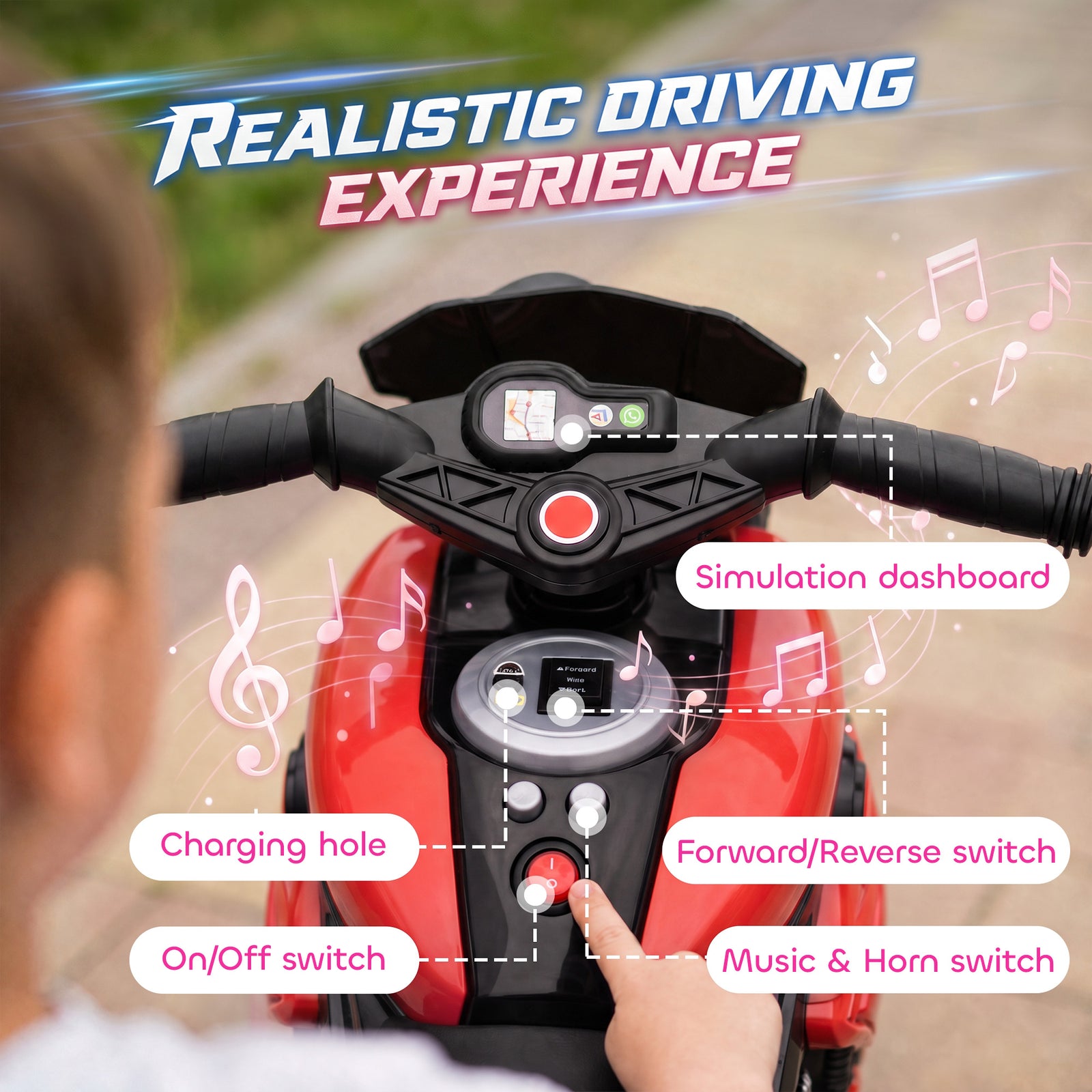 AIYAPLAY Kids Electric Motorcycle Ride-On Toy, 3-Wheel Battery-Operated Motorbike with Horn, Toddler Ride On Bike, Red