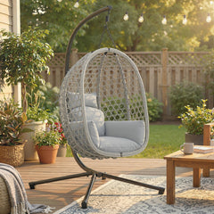 Outsunny Hanging Egg Chair, Indoor Outdoor Rattan Hammock Swing Chair with Stand, Safety Strap, Foldable Basket, Light Grey