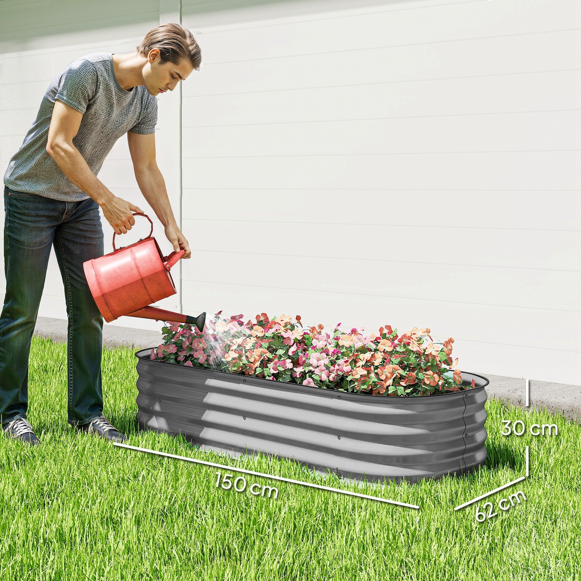Outsunny Galvanised Raised Garden Bed, Metal Planter Box with Safety Edging, for Flowers, Herbs, Succulents, Silver
