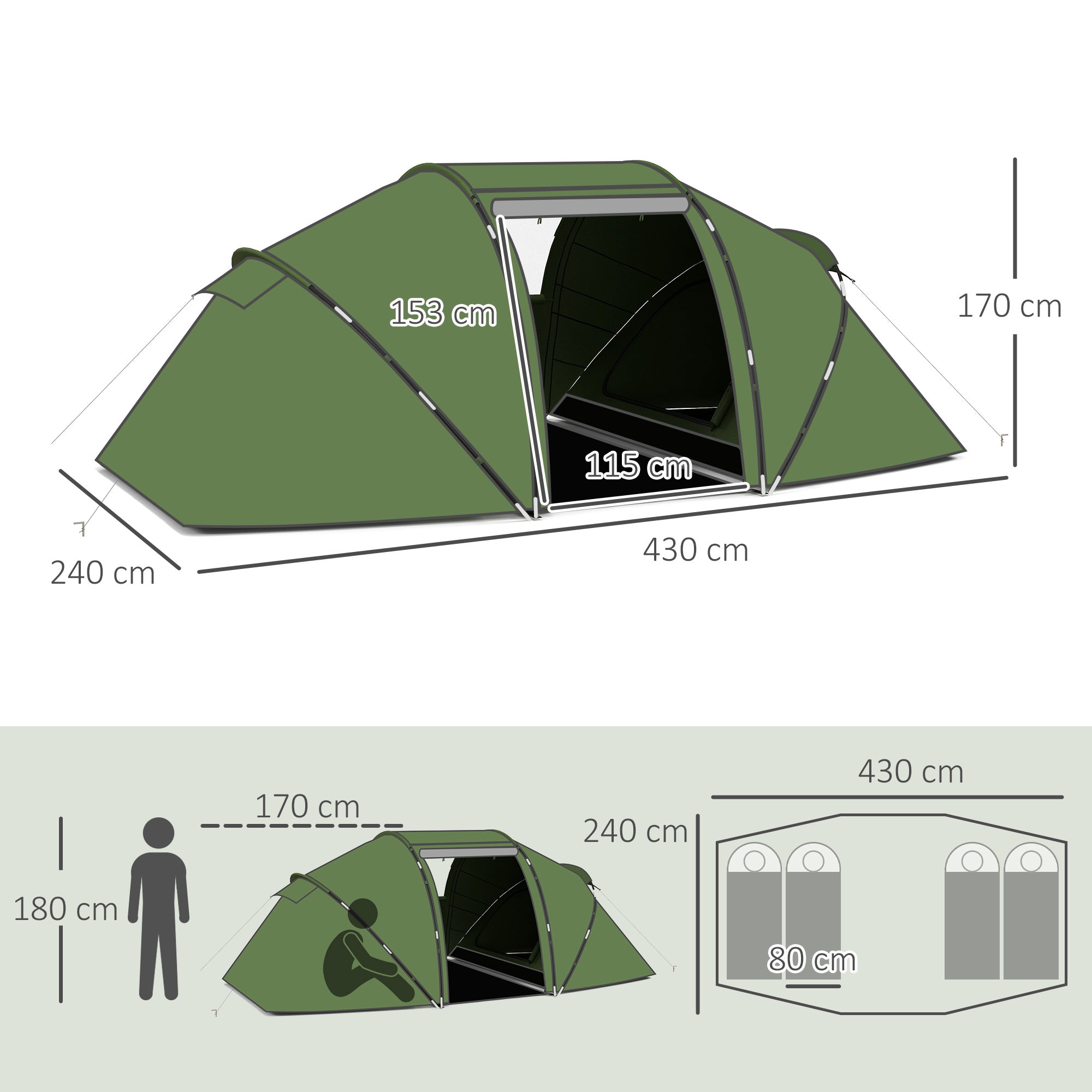 Outsunny 4-6 Man Camping Tent with Living Area and 2 Bedrooms, Hiking Sun Shelter, UV Protection Tunnel Tent, Dark Green