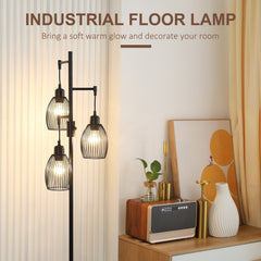 HOMCOM 3-Light Floor Lamp, 170cm Industrial Dimmable Standing Lamp with Steel Wire Cage Lampshades for Living Room, Bedroom, Dining Room, Study, Black