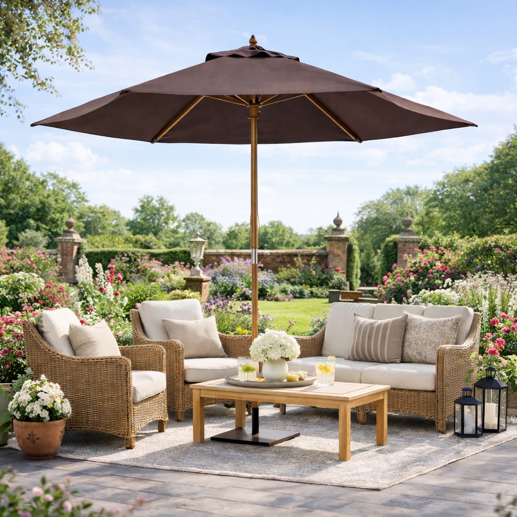 Outsunny 2.5m Wood Garden Parasol Sun Shade Patio Outdoor Wooden Umbrella Canopy Coffee